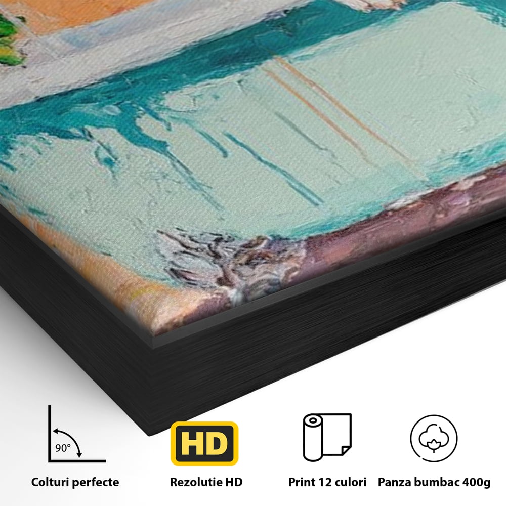 Detaliu al suprafetei: tablou canvas cu bulldog in cada, in rama de aluminiu negru